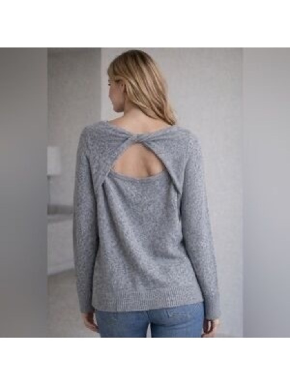 Loft Gray Solid Cotton Open Back Twist Crew Neck Long Sleeve Sweater Knit Cozy